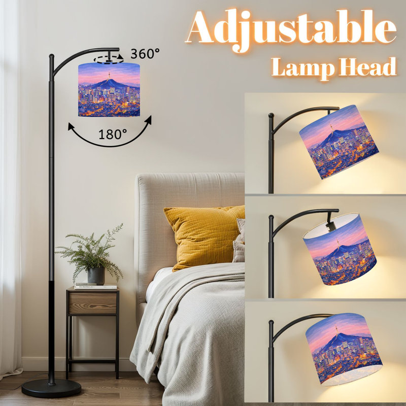 Arc Floor Lamp with Adjustable Lampshade Seoul South Korea Skyline Standing Lamp 3 Color Temperatures Dimmable Tall Pole Lamp with Foot Switch for Bedroom
