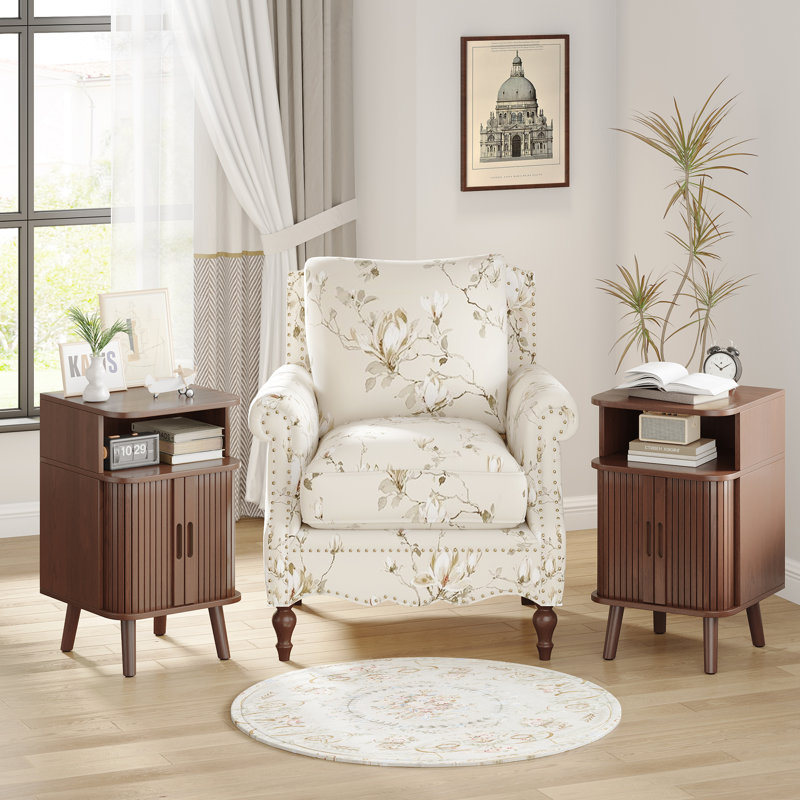 Fluted Nightstand Set, Mid Century Modern End Table 2 PCS With Open Shelf and Cabinet, Curved Round Edge Wooden Bedside Table With Slide Doors, Walnut