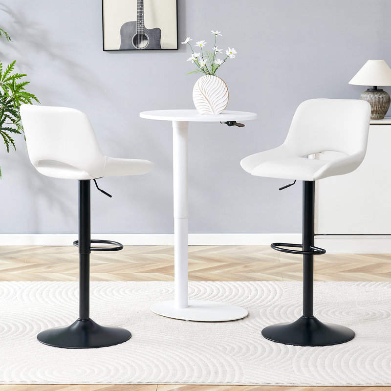 Set Of 2 White PU Leather Swivel Adjustable Bar Stools With Footrest, White 