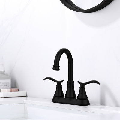 Robinet de salle de bain noir mat de 10 cm (4 pouces) - Bec pivotant à arc élevé à 360° avec 2 poignées, bonde escamotable et boyaux d'alimentation pour lavabo de 5 cm (2 pouces) et plus.