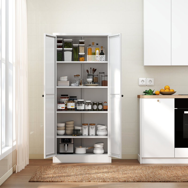 Unité de rangement pour garde-manger de 61 po en métal blanc, 4 tablettes réglables, 110 lb par tablette, outil à installer, facile à nettoyer, peu encombrant dans les armoires de cuisine, capacité de 110 lb, robuste, assemblage de 30 minutes, ventilé