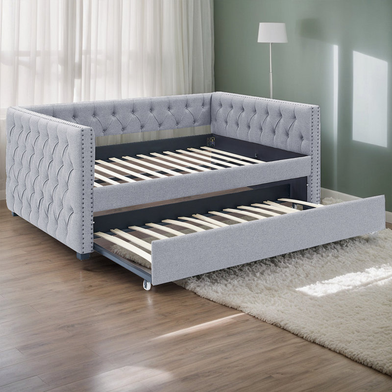 Mid-Century Upholstered Daybed With Pull-Out Trundle - Button-Tufted Sofa Bed For Living Room & Guest Space, Gray