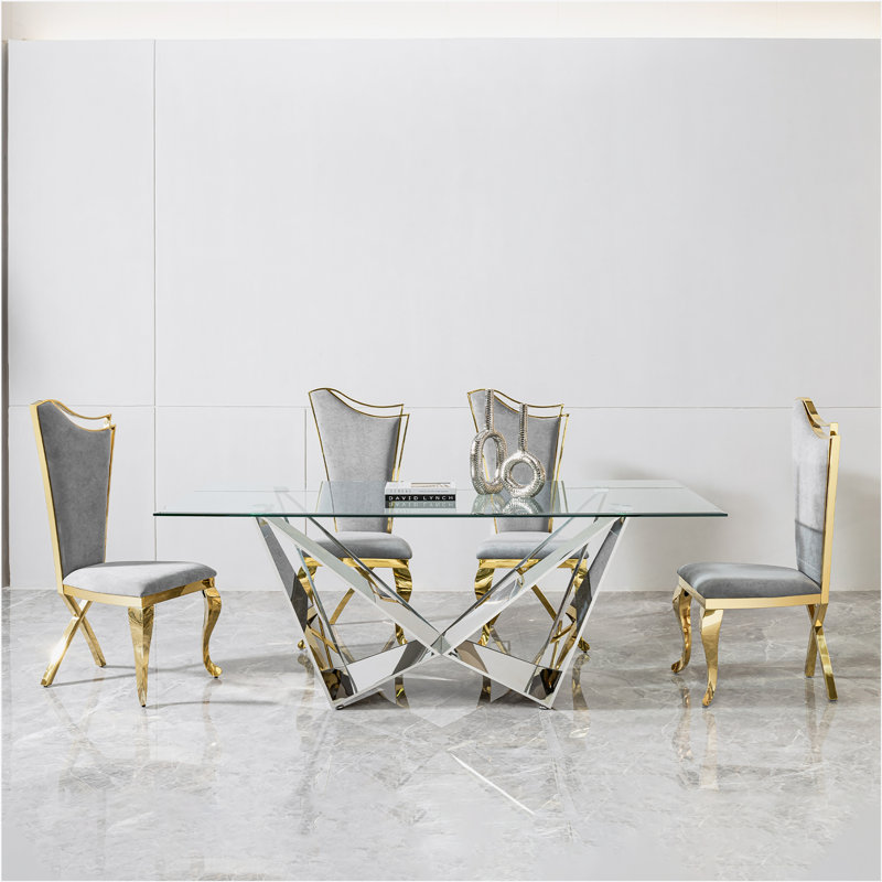 Table de salle à manger 78 "en verre transparent avec base en acier inoxydable poli