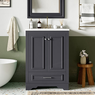 Meuble-lavabo de salle de bain avec lavabo en céramique, armoire de rangement autoportante moderne avec portes à fermeture douce