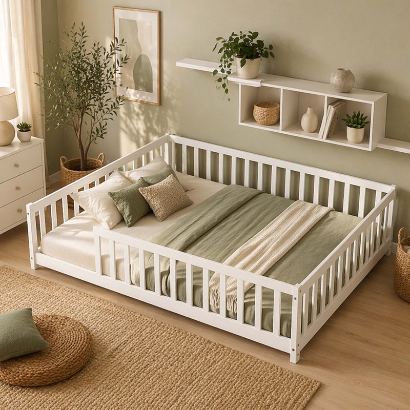 Lit double pleine grandeur avec clôture sans porte, lit en bois d'hévéa avec garde-corps de sécurité, blanc, Blanc
