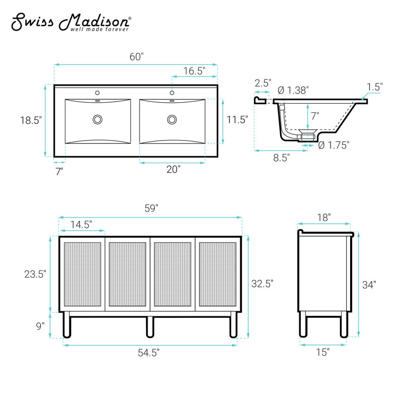 Meuble-lavabo de classe 60 po Classe, Blanc, Simple