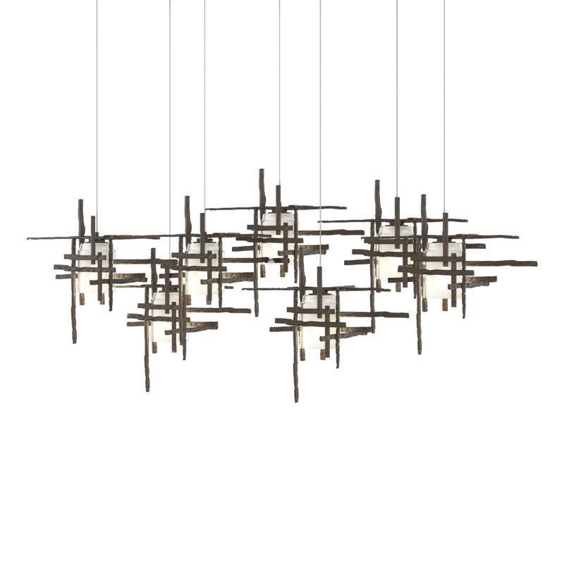 Tura 7-Light Glass Rectangular Pendant, 30" - 80", Seeded Clear, Bronze