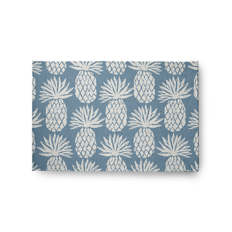 Tapis floral bleu / blanc tissé à plat, Rectangle de 2 pi x 3 pi