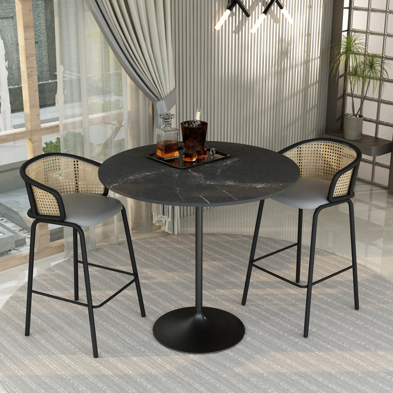Harton Round Bar Height Dining Table with MDF Top and Stainless Steel Pedestal Base Kitchen Table Seats 2-6 Person