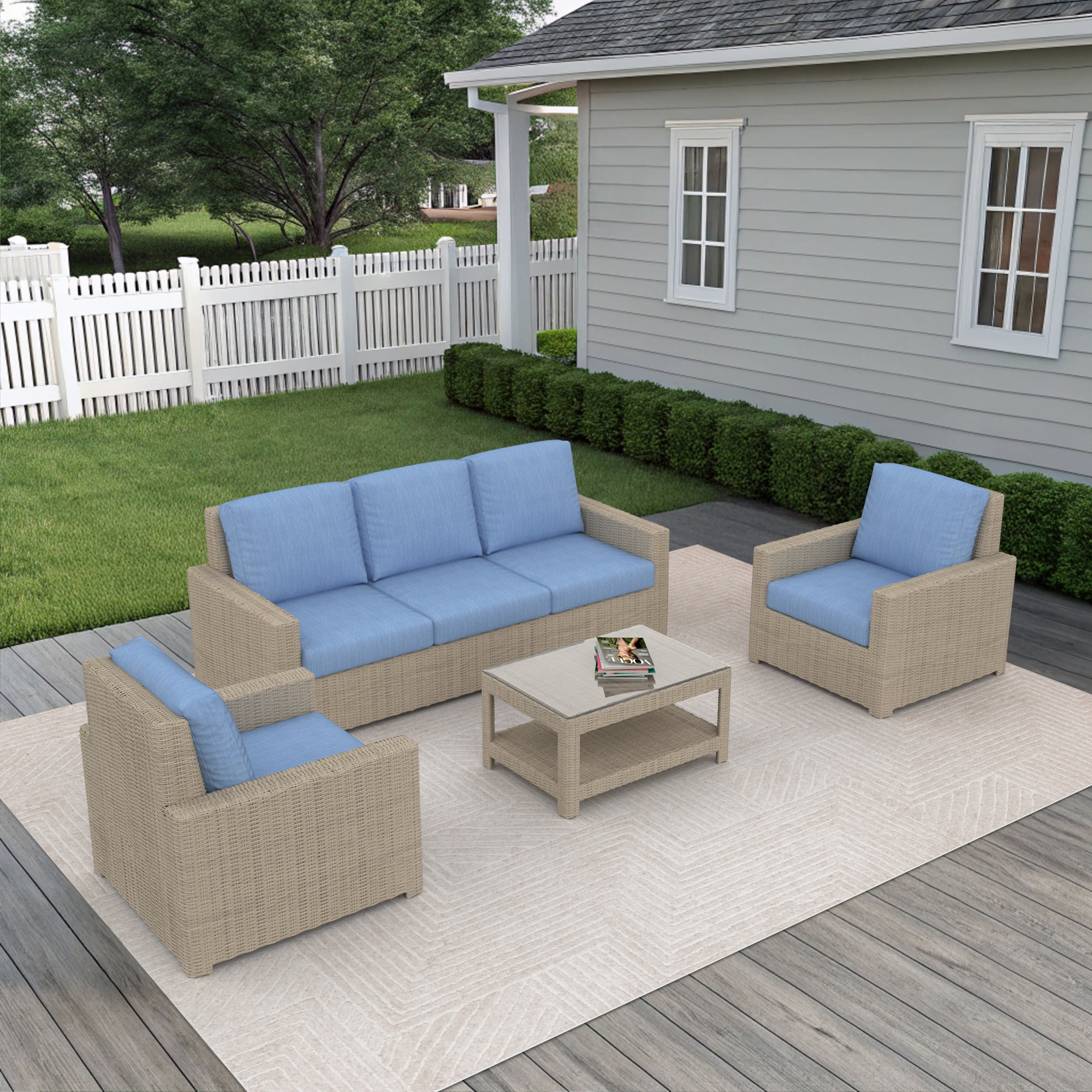 Outdoor Patio Sofa Conversation Set With Sunbrella Cushions, Cast Ocean