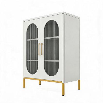 Armoire de rangement en métal translucide à 2 portes, armoire d'appoint blanche à 2 niveaux avec 1 tablette réglable, casier en métal polyvalent pour la maison, le salon, le bureau et la cuisine