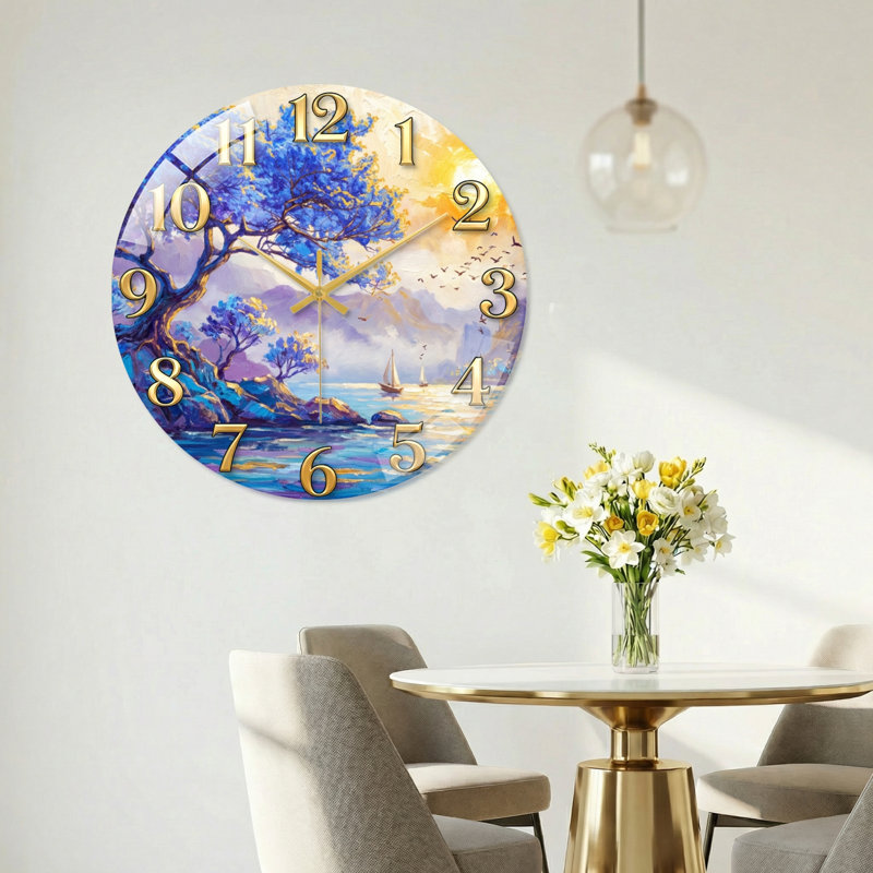 Paysage, horloge murale en verre décorative moderne, 23,6 po, 60 x 60 cm (23,6 x 23,6 pouces)