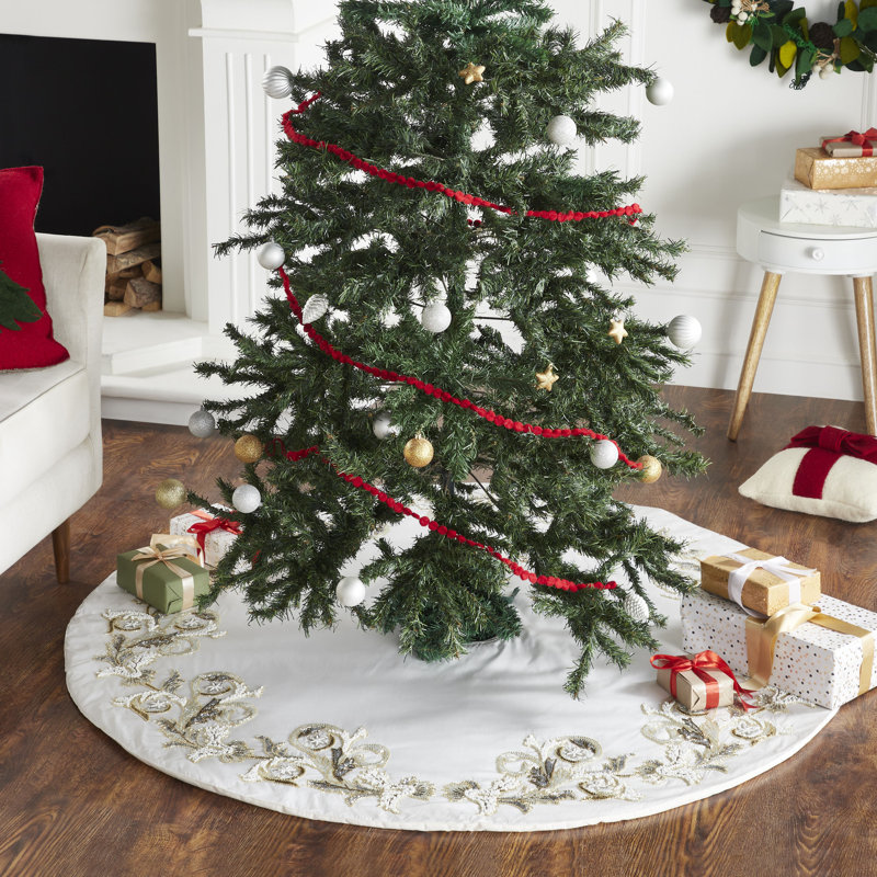 Hand Beaded Cream Silk Christmas Tree Skirt, 60" Diameter
