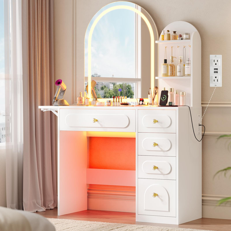 Vanity Desk With Large Mirror And Led Lights, 63"H Makeup Vanity With 5 Drawers, Shelves, Fold-Up Panel, Dressing Table With Rgb Glass Top And Charging Station For Bedroom, 3 Color Modes