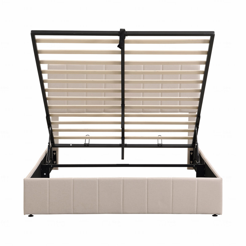 Grand lit plateforme tapissier avec système de rangement hydraulique, Beige, Grand lit