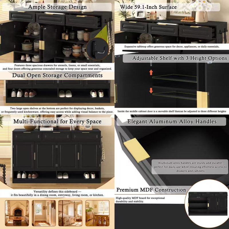 Farmhouse Sideboard With 3 Drawers & 4 Doors,59.1" Multi-Functional Storage Buffet With Adjustable Shelf And Open Storage Compartments, Suitable For Dining Room, Living Room, Entryway,Black