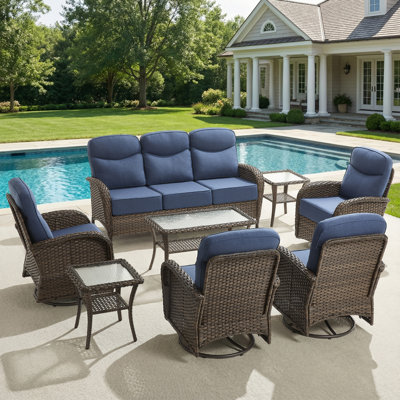 Luxury Outdoor Swivel Rocker Patio Chairs With 6-Inch Thick Cushions, High Back Swivel Glider Patio Chairs, 8PCS Wicker Outdoor Furniture Set For Porch, Patio, Yard, Deck, Poolside