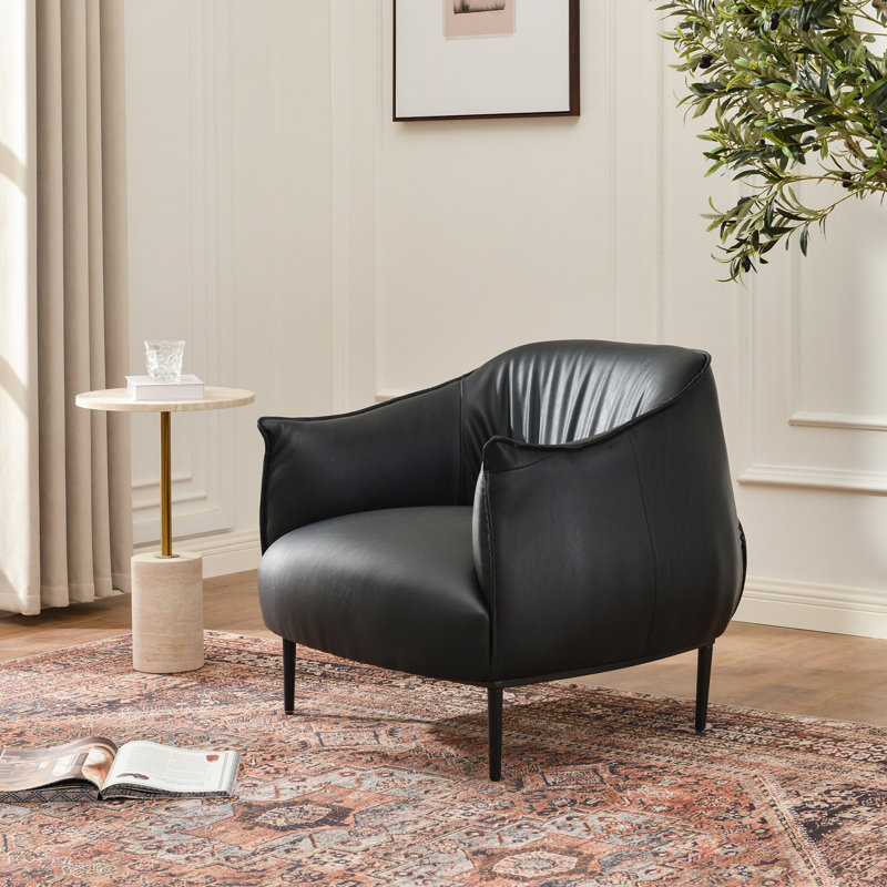 Arloh 33" Wide Faux Leather Barrel Chair with Pleated Backrest Metal Legs, Black