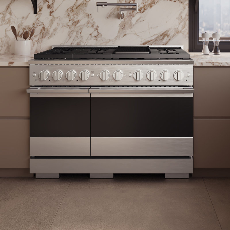 ZLINE 48 in. 6.7 cu. ft. Marino Dual Fuel Range with 8 Brass Gas Burners in Satin Stainless Steel, Dual Fuel, Stainless Steel