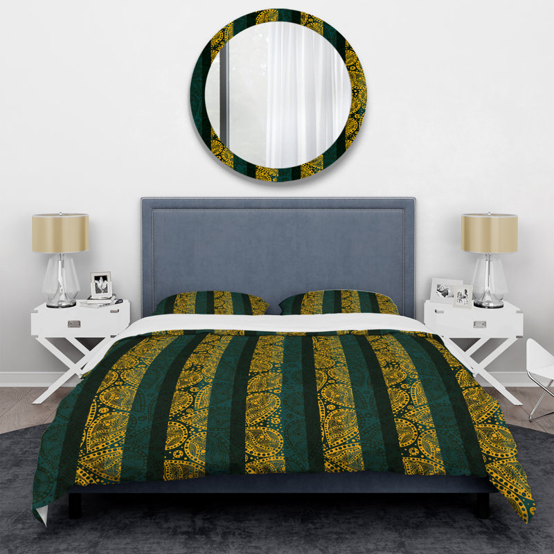 Motif à rayures vertes et dorées - ensemble de housse de couette abstrait - microfibre de polyester