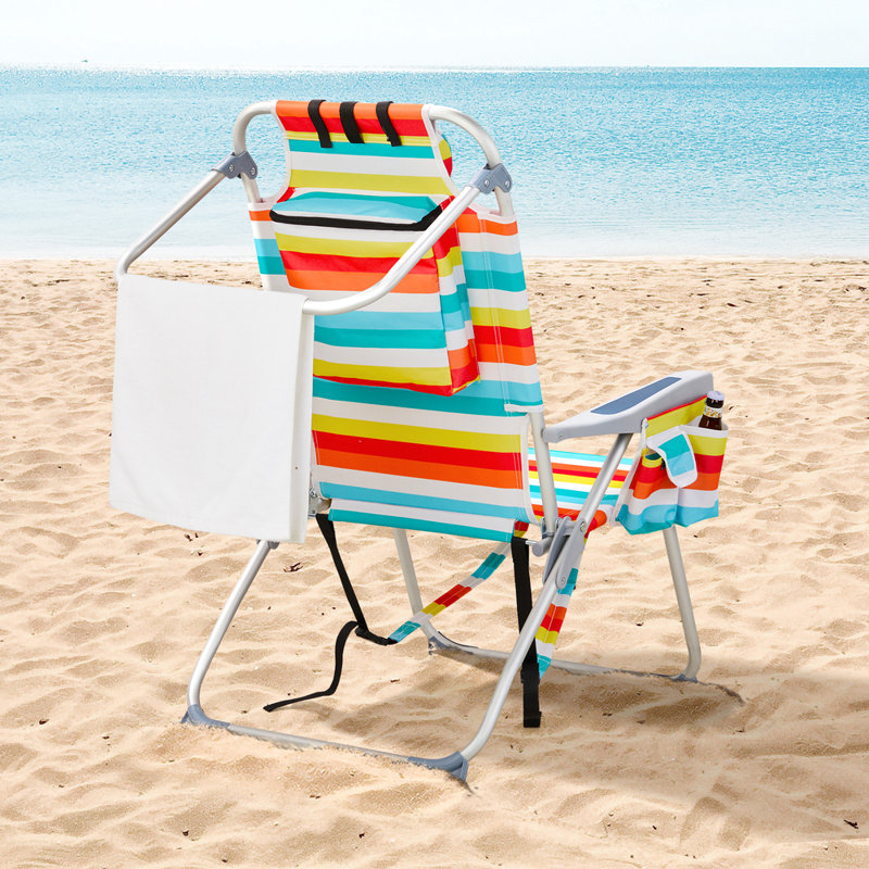 Chaise de plage pliante à rayures vibrantes, pliable et portable, positions d'inclinaison réglables, poches de rangement intégrées, structure durable