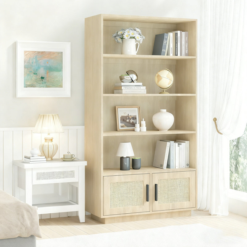 5-Tier Rattan Boho Bookcase with Doors – Farmhouse Tall Bookcase with Wood Rattan Doors, Large Library Storage for Living Room, Bedroom, Home Office, Kitchen (Natural Wood)