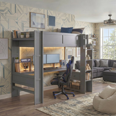 Solid Wood Frame Full Loft Bed With Desk, Multi-Storage Shelves, LED Lights And Charging Station