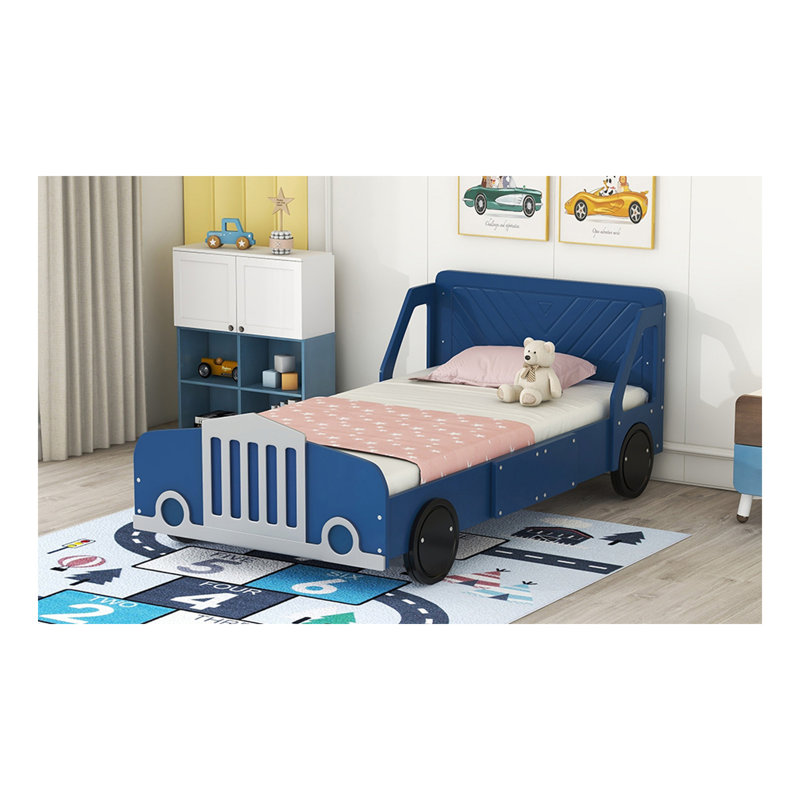 Lit plateforme simple en forme de voiture avec roulettes, bleu