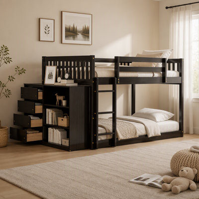 Full Over Full Bunk Bed With 4 Drawers And 3 Shelves