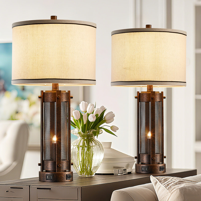 Modern Transitional Table Lamp Set of 2 with Dual USB Ports & Night Light Mode – Fabric Shade Bedside Lamps for Bedroom, Living Room or Desk