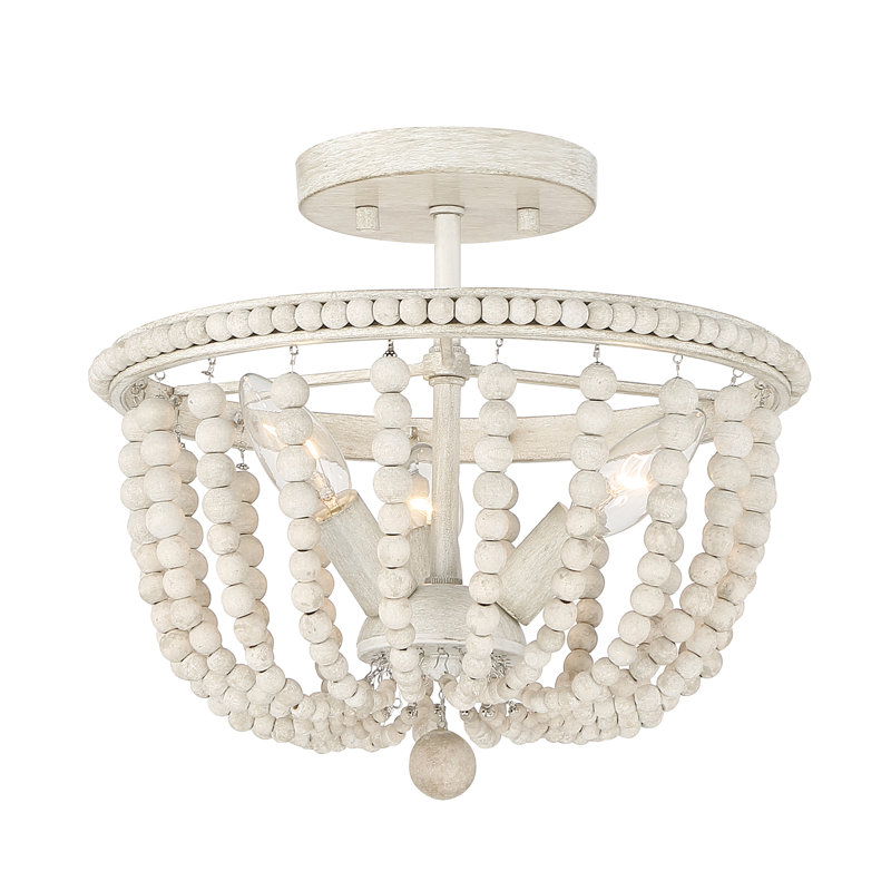 3 Light Farmhouse Wood Bead Semi Flush Mount Ceiling Light Chandelier, White