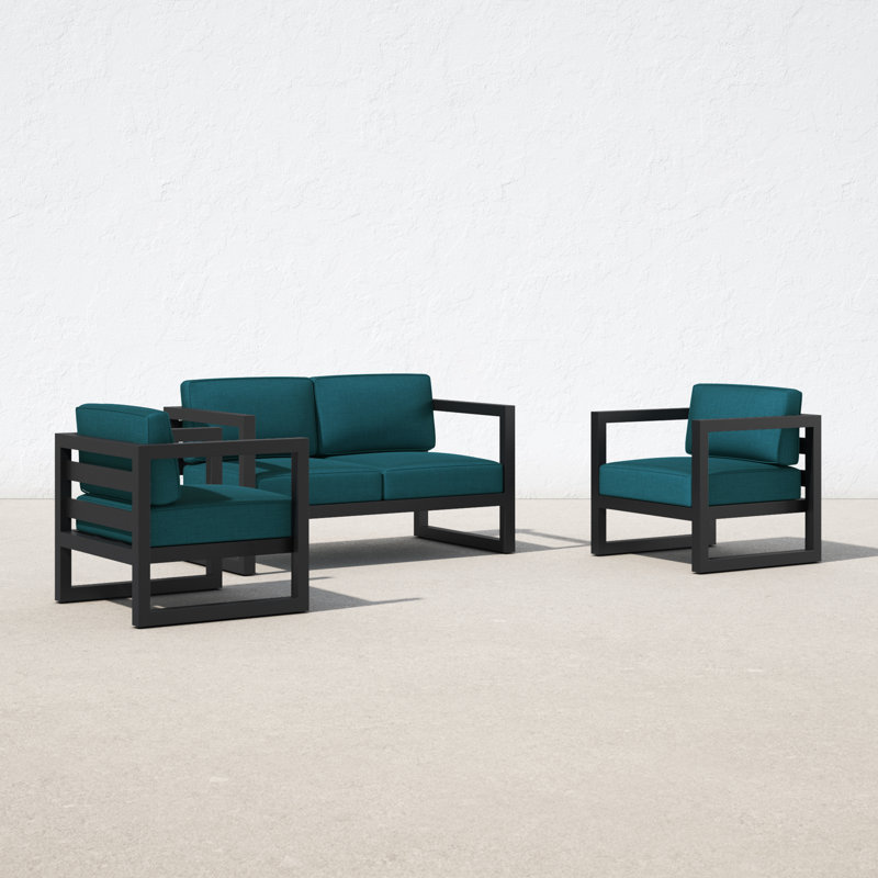 Avion 3 Piece Loveseat Set, Spectrum Peacock Sunbrella® Plainweave, Slate