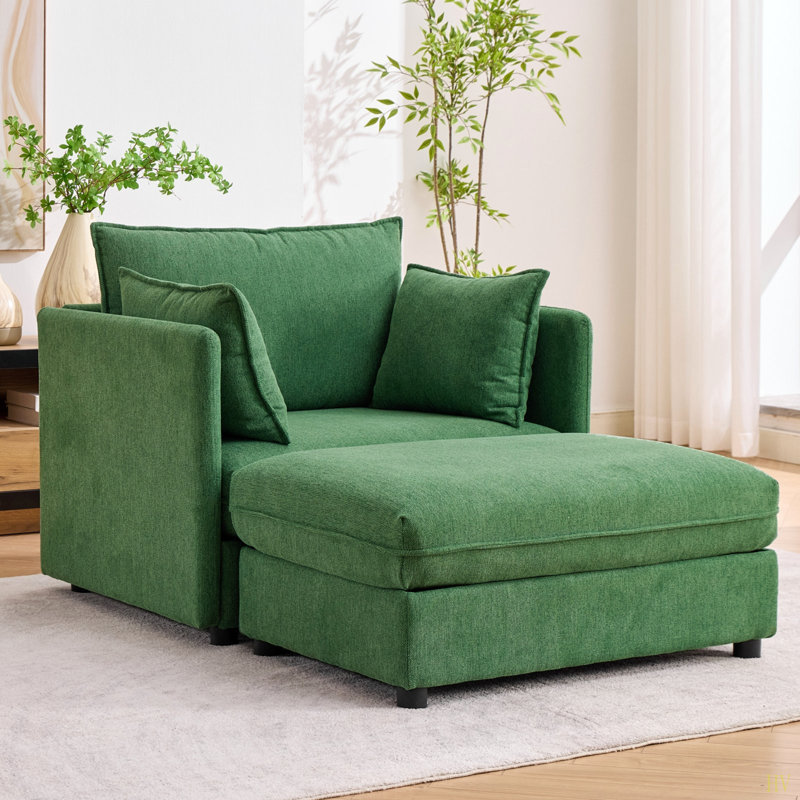 Très grand fauteuil d'appoint en chenille surdimensionné à assise profonde, méridienne rembourrée, repose-pieds avec rangement assorti et trois coussins décoratifs, parfait pour un appartement, une chambre à coucher ou un salon