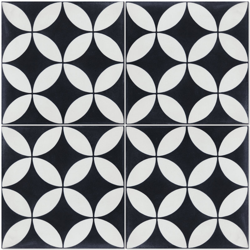 Carreau de ciment pour mur et plancher à motif circulaire 8 po x 8 po Circulos, Noir / blanc soir