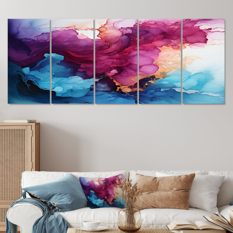 Art mural liquide, nuages magiques mauves, encre mauve 5 pièces, H 28 po x l 60 po