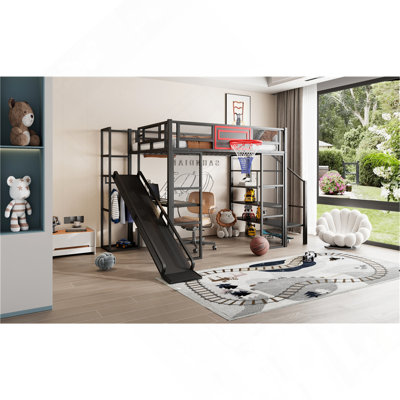 Full Size Metal Loft Bed With Built-In Desk, Open Wardrobe, Basketball Hoop, Slide And Staircase
