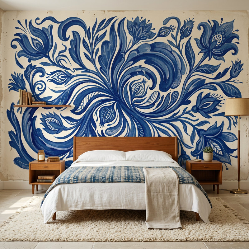 Décoration murale bleue et blanche à motif de volutes à motif floral, Non tissé, 120 po x 96 po