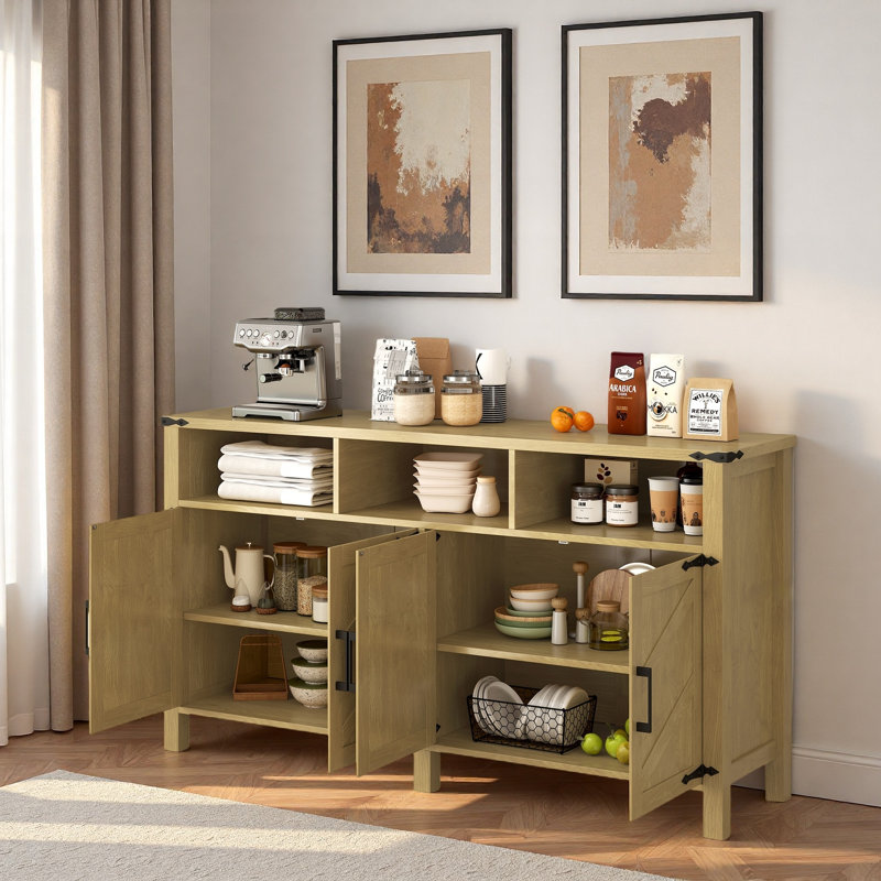 Modern 4-door Sideboard Buffet With Power Outlets, Usb Ports, Adjustable Shelves, Open Storage Cabinet And Aluminum Handles