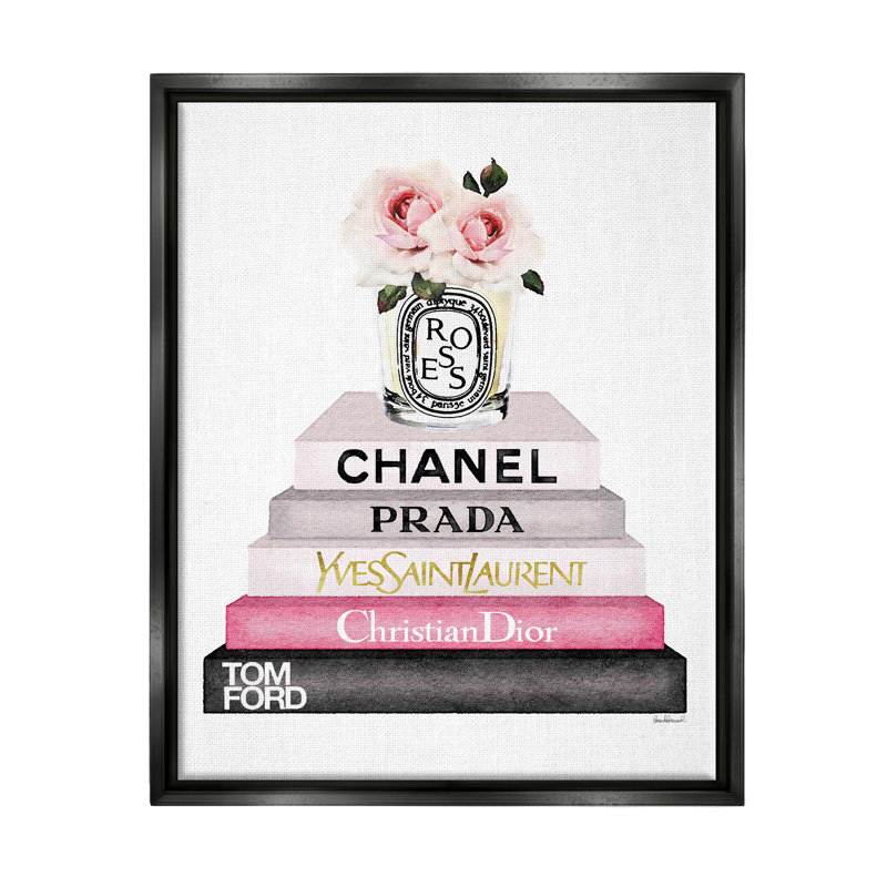 Art mural, pile de livres, bougie rose sur toile par Amanda Greenwood, Cadre flottant noir de jais