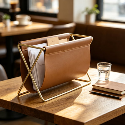 Porte-lettres Mid-Century en similicuir caramel