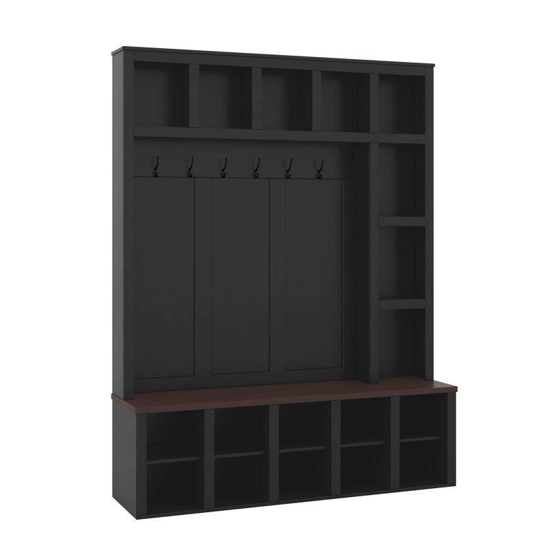 4-In-1 Hall Tree With 6 Hooks, Walnut Entryway Bench With Adjustable Shelves, Rustic Shoe Organizer With Open Compartments