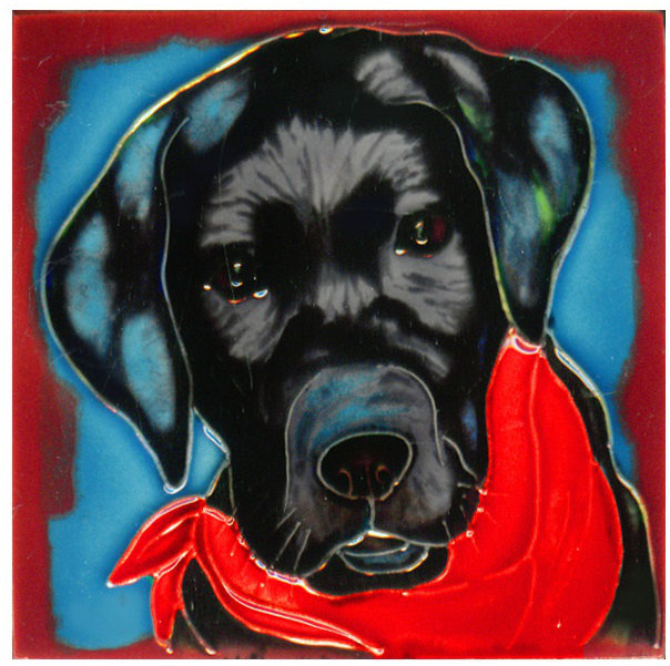 Handcrafted Black Labrador Ceramic Art Tile with Red Scarf