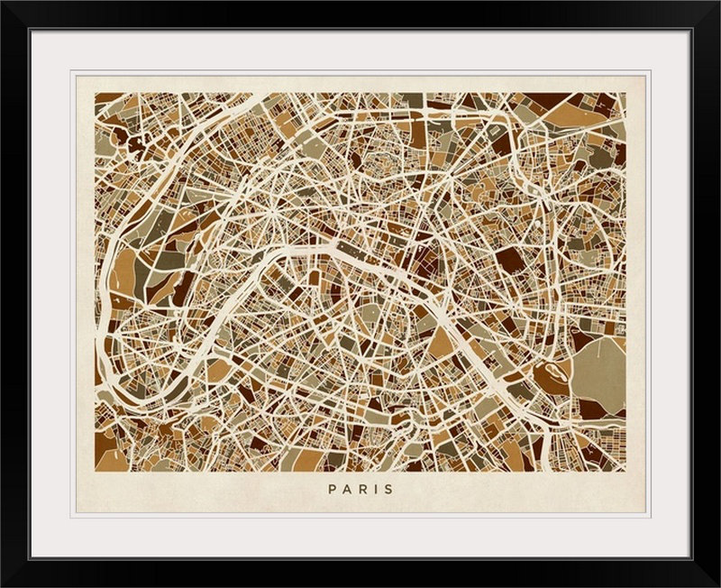 «Paris France Street Map» par Bellen, impression, H 35 po x l 44 po x P 1 po, Cadre noir