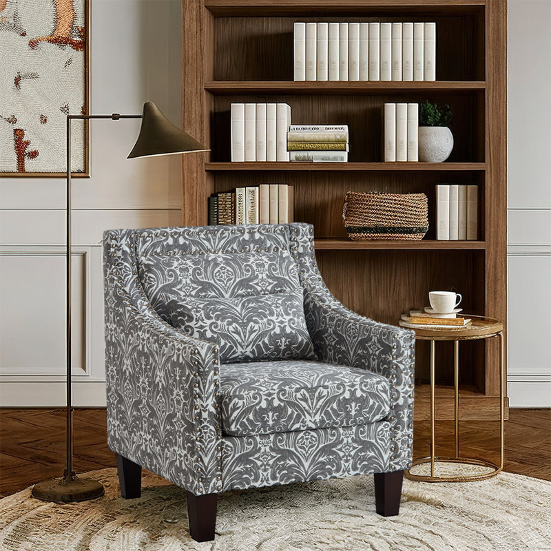Fauteuil rembourré avec motif imprimé et têtes de clou, Lin gris
