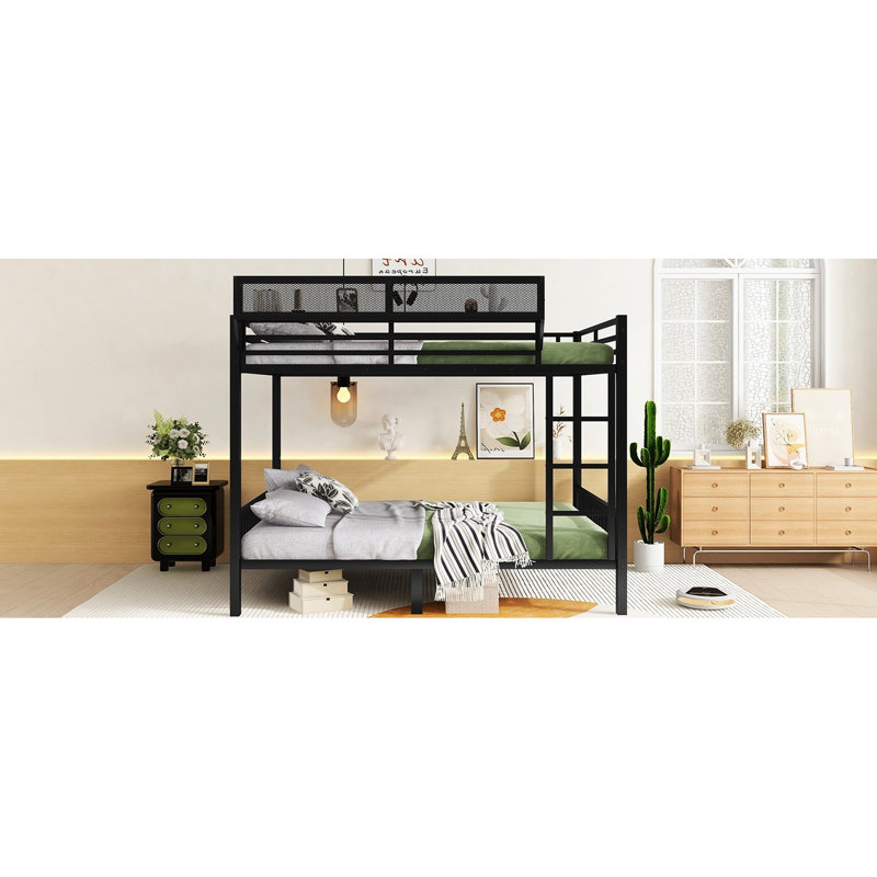 Grand lit superposé en métal noir avec tablette de rangement, pour les adolescents et les adultes, peu encombrant, ne se secouant pas, finition écoénergétique, garde-corps sur toute la longueur, finition, structure stable, 350 lb / 600 lb