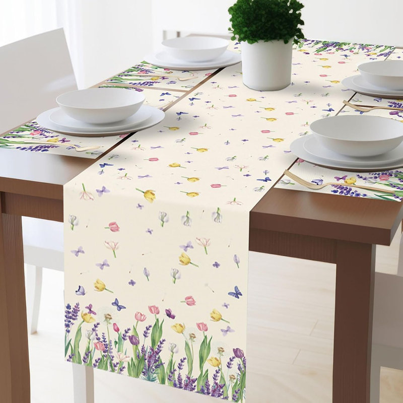 Chemin de table et napperons - Décoration de table lavande, tulipe, lin, printemps et Pâques