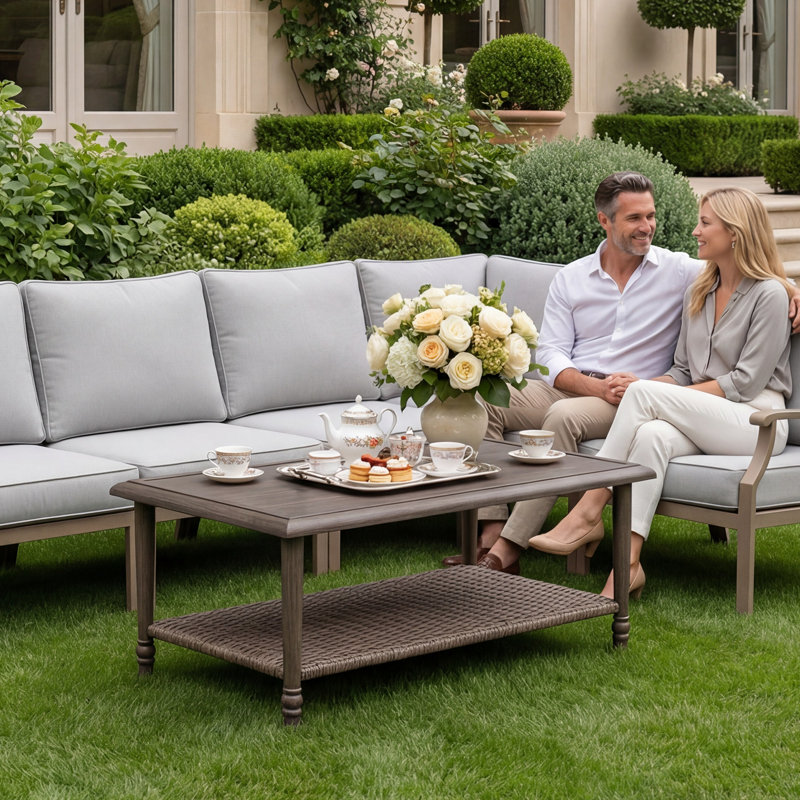 42 Inch Rectangular  Outdoor Coffee Table with Large Wicker Storage Shelf– Patio, Garden, Backyard Furniture