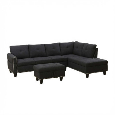L-Shaped Sectional Sofa with Storage Ottoman and Cup Holders