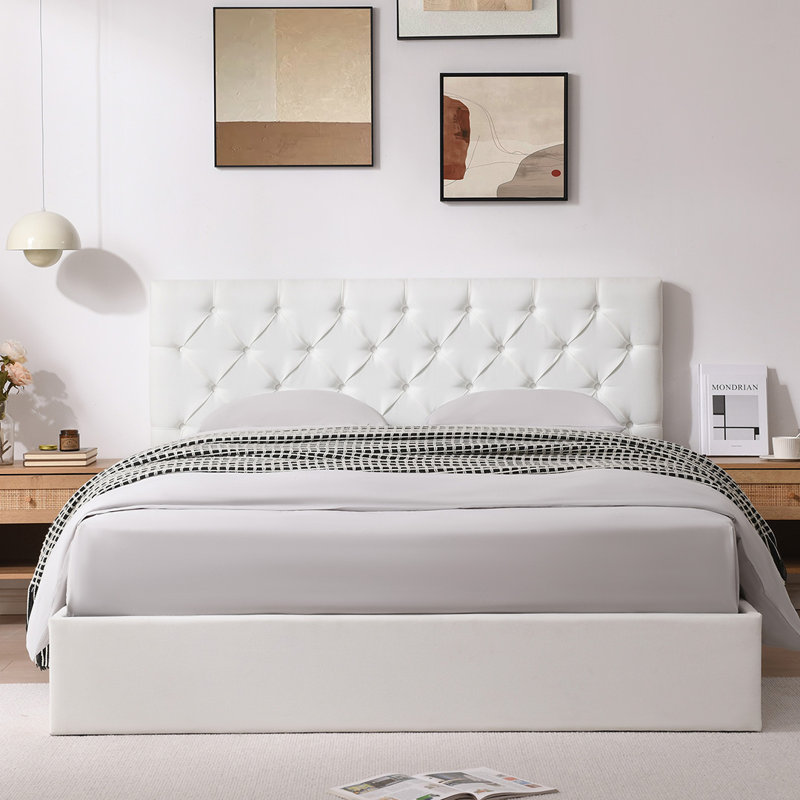 Lit plateforme tapissier avec rangement Gaillarde, Grand lit, Blanc