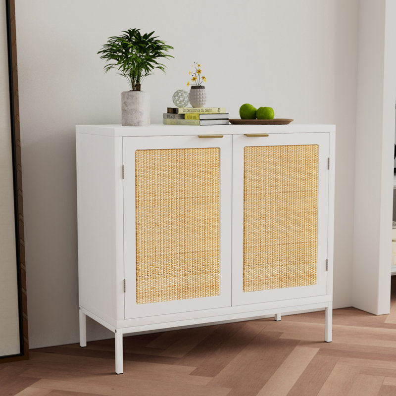 Lolita 31.5"W 2- Rattan Door Accent Cabinet with Adjustable Shelf, White Sideboard Storage Cabinet, White